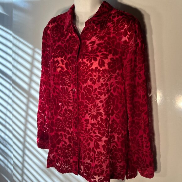 C.L.O.T.H.E.S. SZXL Red Burnout Velvet Button Down Fairy Boho Whimsigoth Romance - Picture 1 of 8